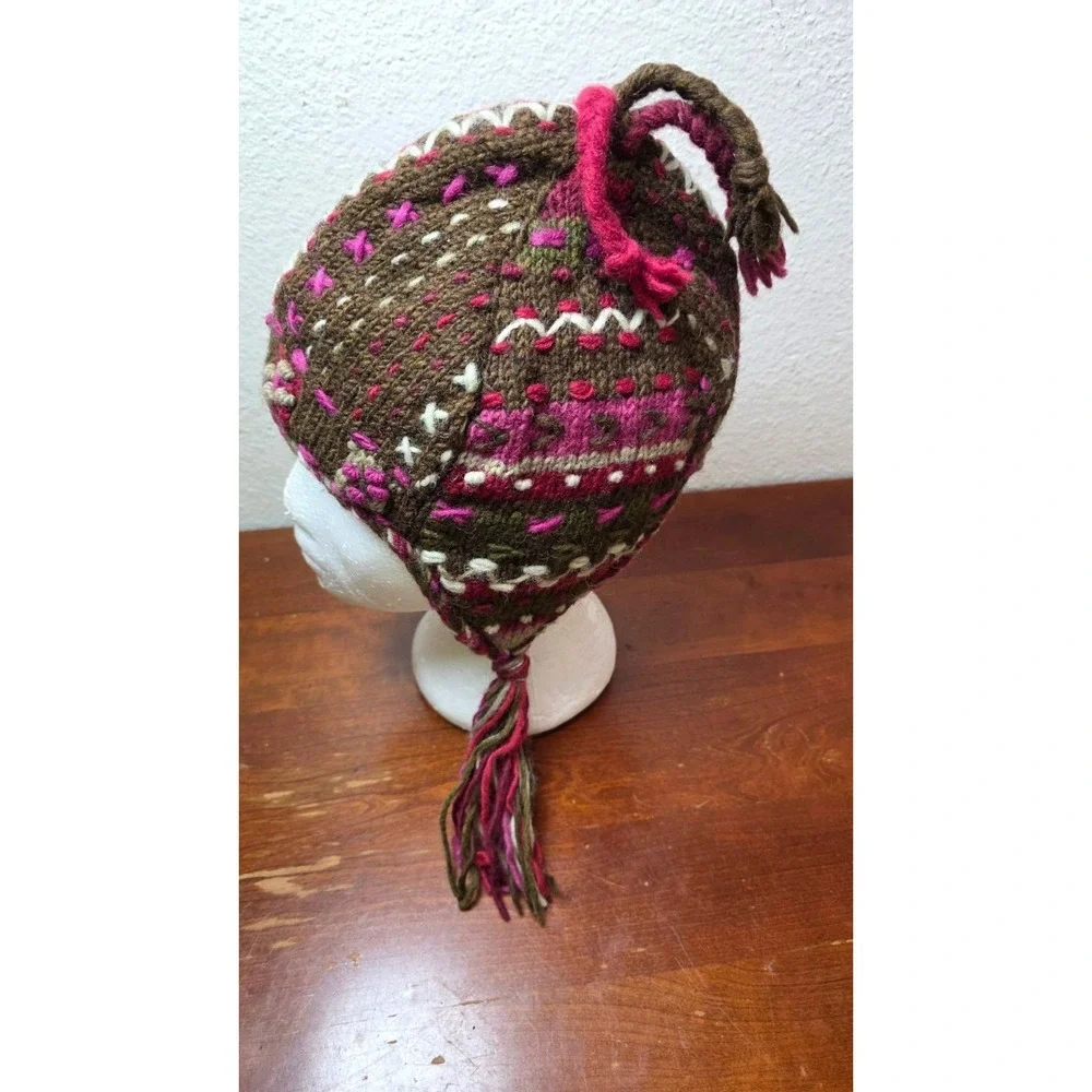 Newari Icelandic Hand-Knit Nepal Wool Small Earflap Hat Brown Pink Patterns